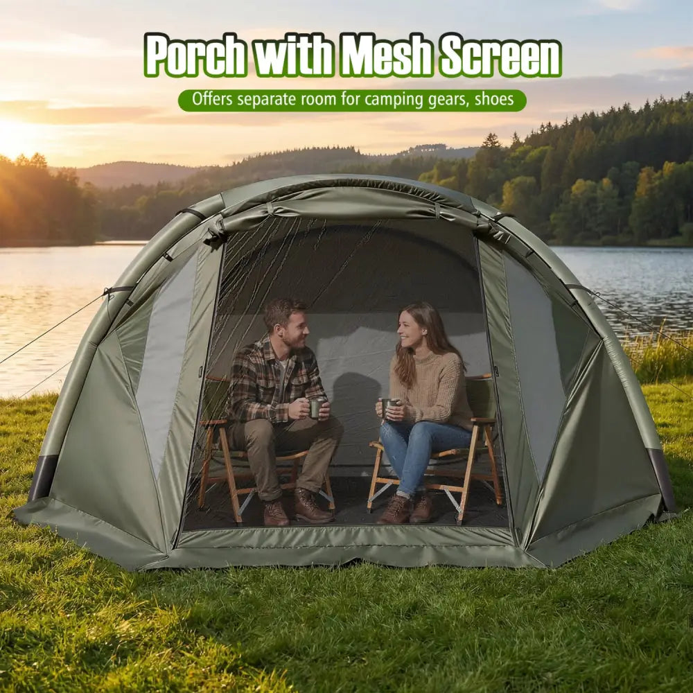 5-7 Person Inflatable Camping Tent with Screened Porch-Green - Green - Tents