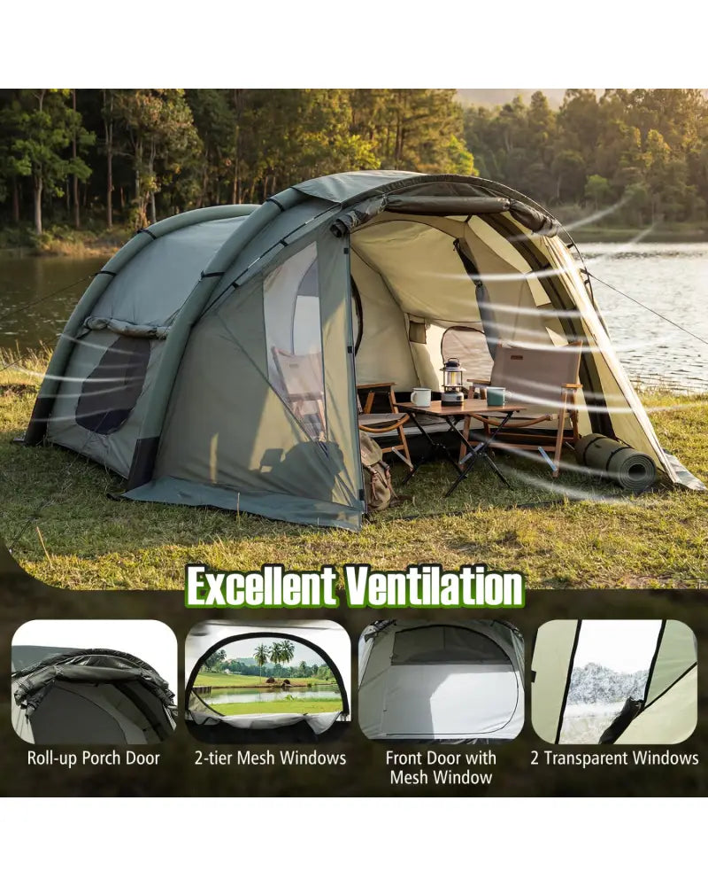 5-7 Person Inflatable Camping Tent with Screened Porch-Green - Green - Tents