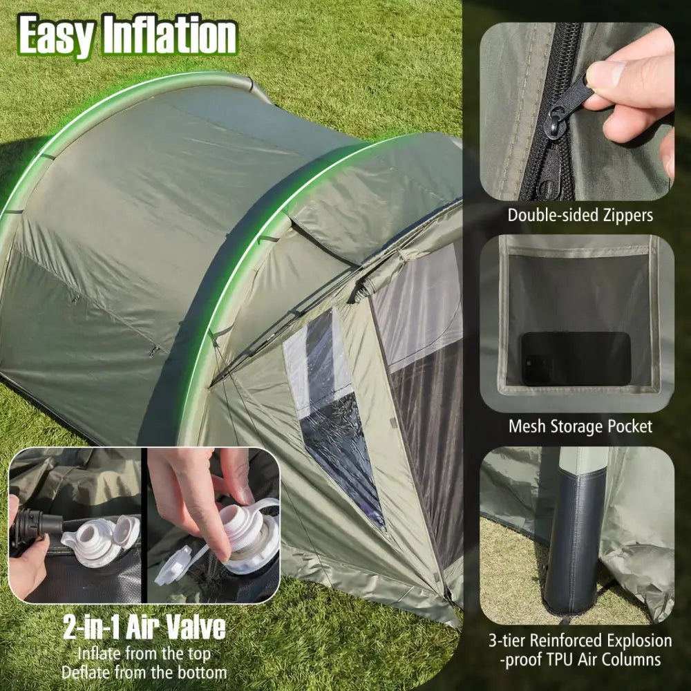 5-7 Person Inflatable Camping Tent with Screened Porch-Green - Green - Tents