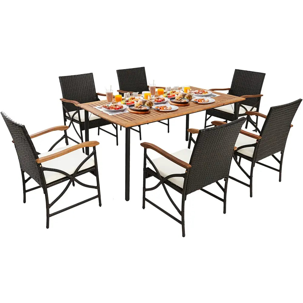 5/7-Piece Outdoor Dining Set with Acacia Wood Table-6 Pieces + Brown - Patio Dining Sets