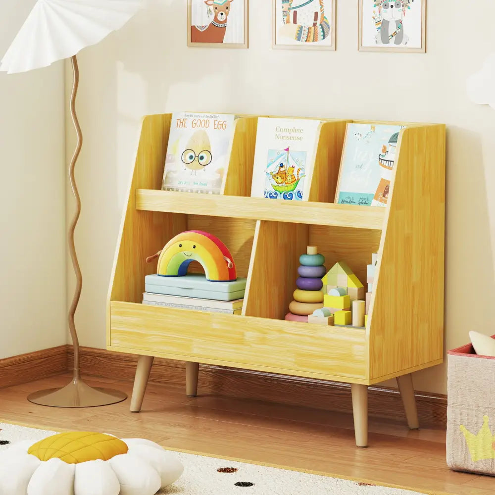 5-Cube Kids Bookshelf and Toy Organizer with Anti-Tipping Kits-Oak - Oak - Kids Storage