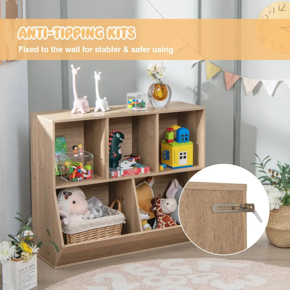 5-Cube Wooden Kids Toy Storage Organizer with Anti-Tipping Kits-Natural - Natural - Kids Storage
