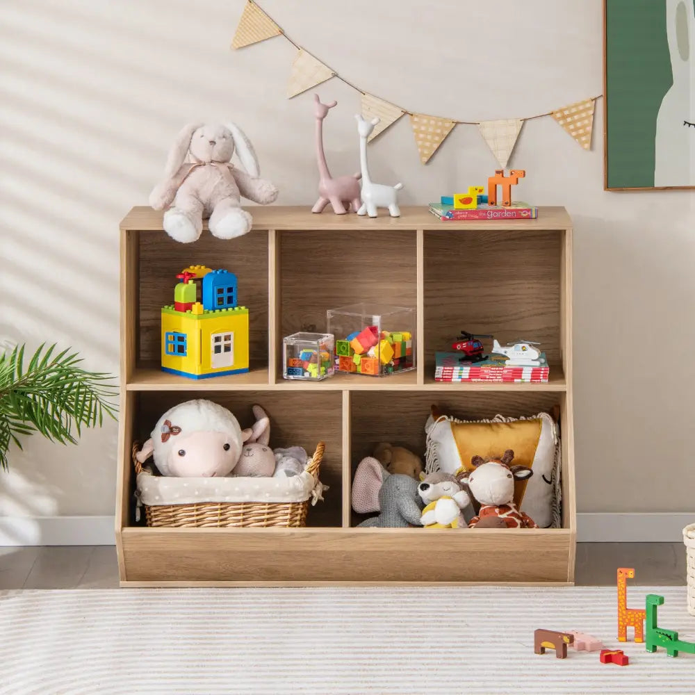 5-Cube Wooden Kids Toy Storage Organizer with Anti-Tipping Kits-Natural - Natural - Kids Storage