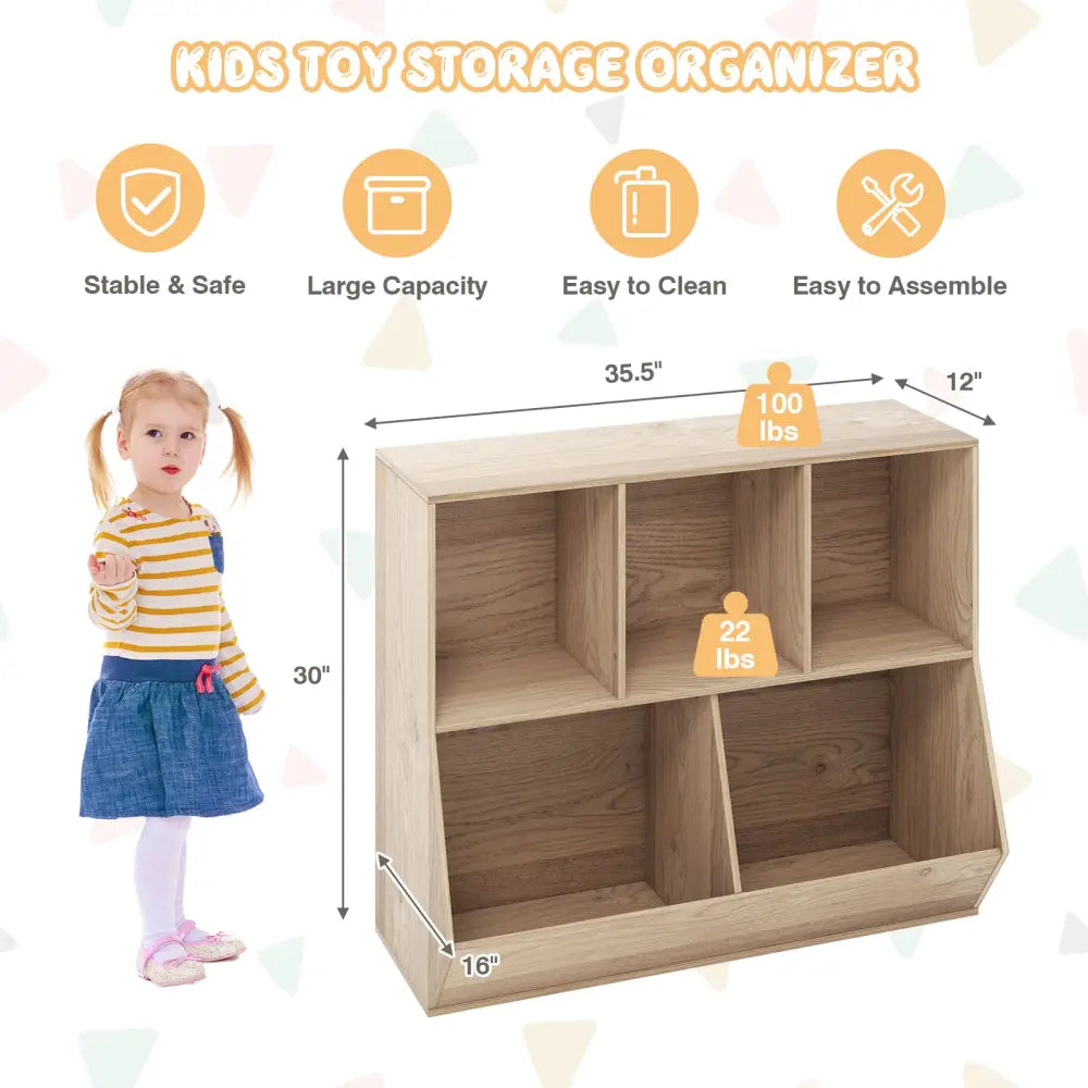 5-Cube Wooden Kids Toy Storage Organizer with Anti-Tipping Kits-Natural - Natural - Kids Storage