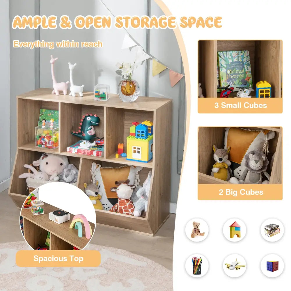 5-Cube Wooden Kids Toy Storage Organizer with Anti-Tipping Kits-Natural - Natural - Kids Storage
