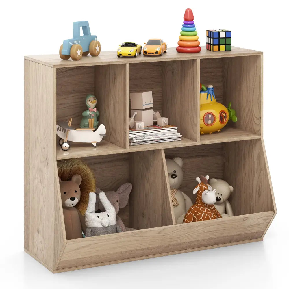 5-Cube Wooden Kids Toy Storage Organizer with Anti-Tipping Kits-Natural - Natural - Kids Storage