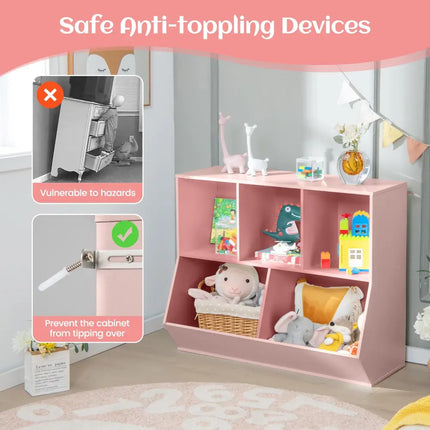 5-Cube Wooden Kids Toy Storage Organizer with Anti-Tipping Kits-Pink - Pink - Kids Storage