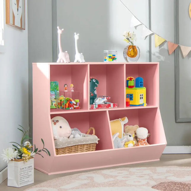 5-Cube Wooden Kids Toy Storage Organizer with Anti-Tipping Kits-Pink - Pink - Kids Storage