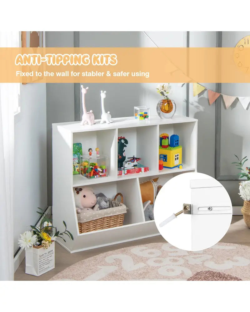 5-Cube Wooden Kids Toy Storage Organizer with Anti-Tipping Kits-White - White - Kids Storage