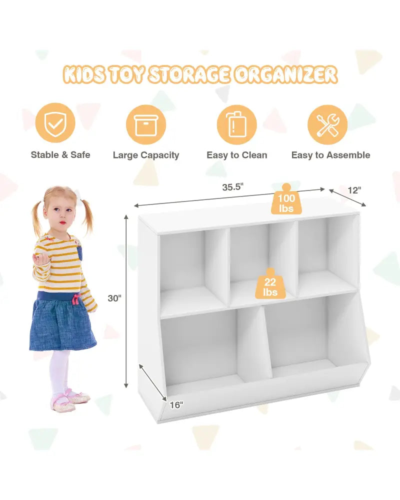 5-Cube Wooden Kids Toy Storage Organizer with Anti-Tipping Kits-White - White - Kids Storage