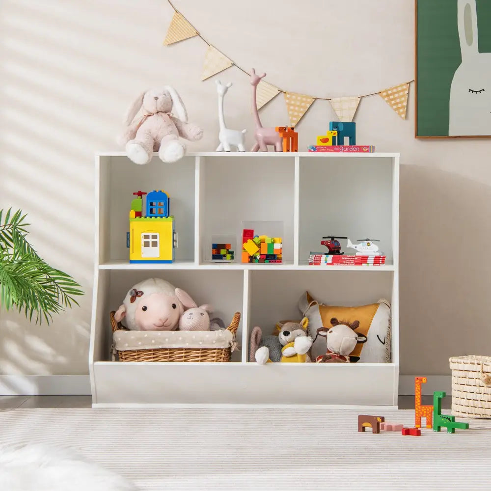 5-Cube Wooden Kids Toy Storage Organizer with Anti-Tipping Kits-White - White - Kids Storage