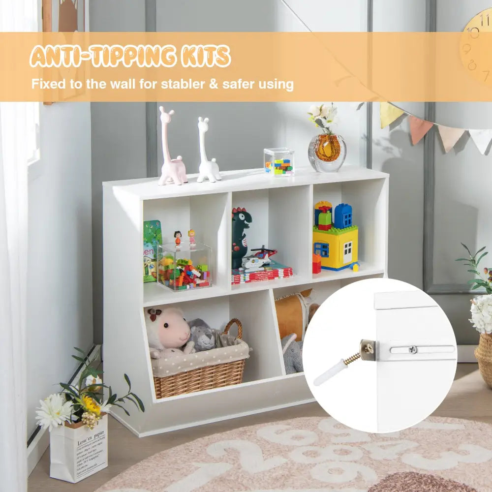5-Cube Wooden Kids Toy Storage Organizer with Anti-Tipping Kits-White - White - Kids Storage