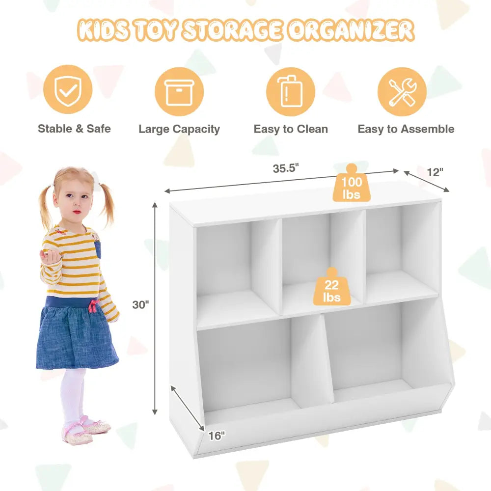 5-Cube Wooden Kids Toy Storage Organizer with Anti-Tipping Kits-White - White - Kids Storage