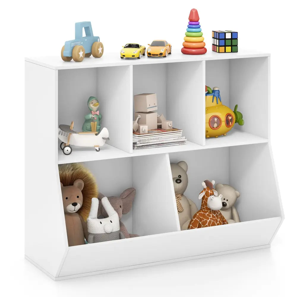 5-Cube Wooden Kids Toy Storage Organizer with Anti-Tipping Kits-White - White - Kids Storage