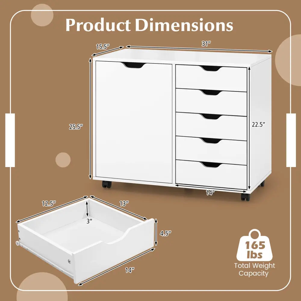 5-Drawer Dresser Chest Mobile Storage Cabinet with Door-White - White - File Cabinets