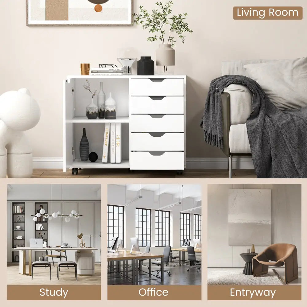 5-Drawer Dresser Chest Mobile Storage Cabinet with Door-White - White - File Cabinets