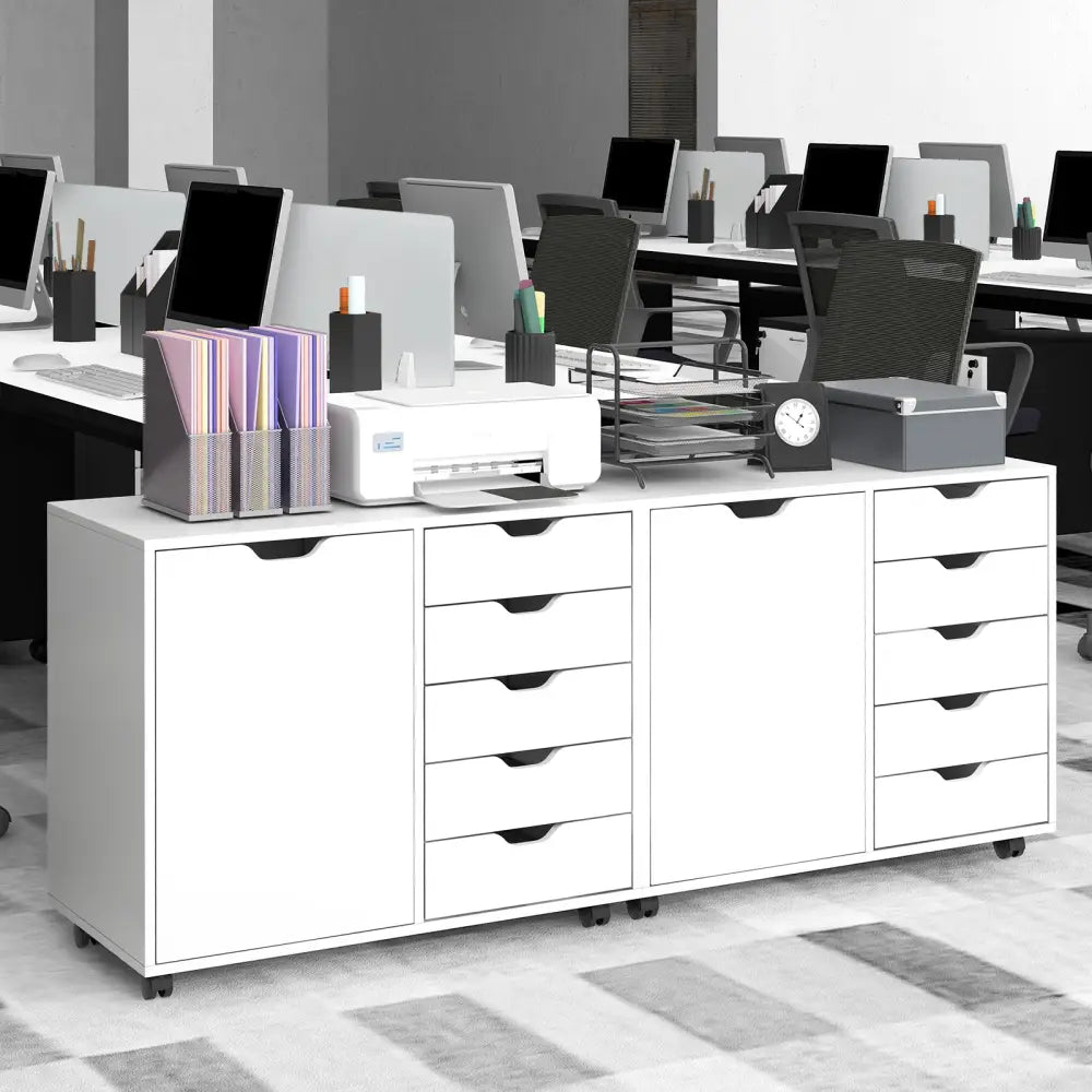 5-Drawer Dresser Chest Mobile Storage Cabinet with Door-White - White - File Cabinets