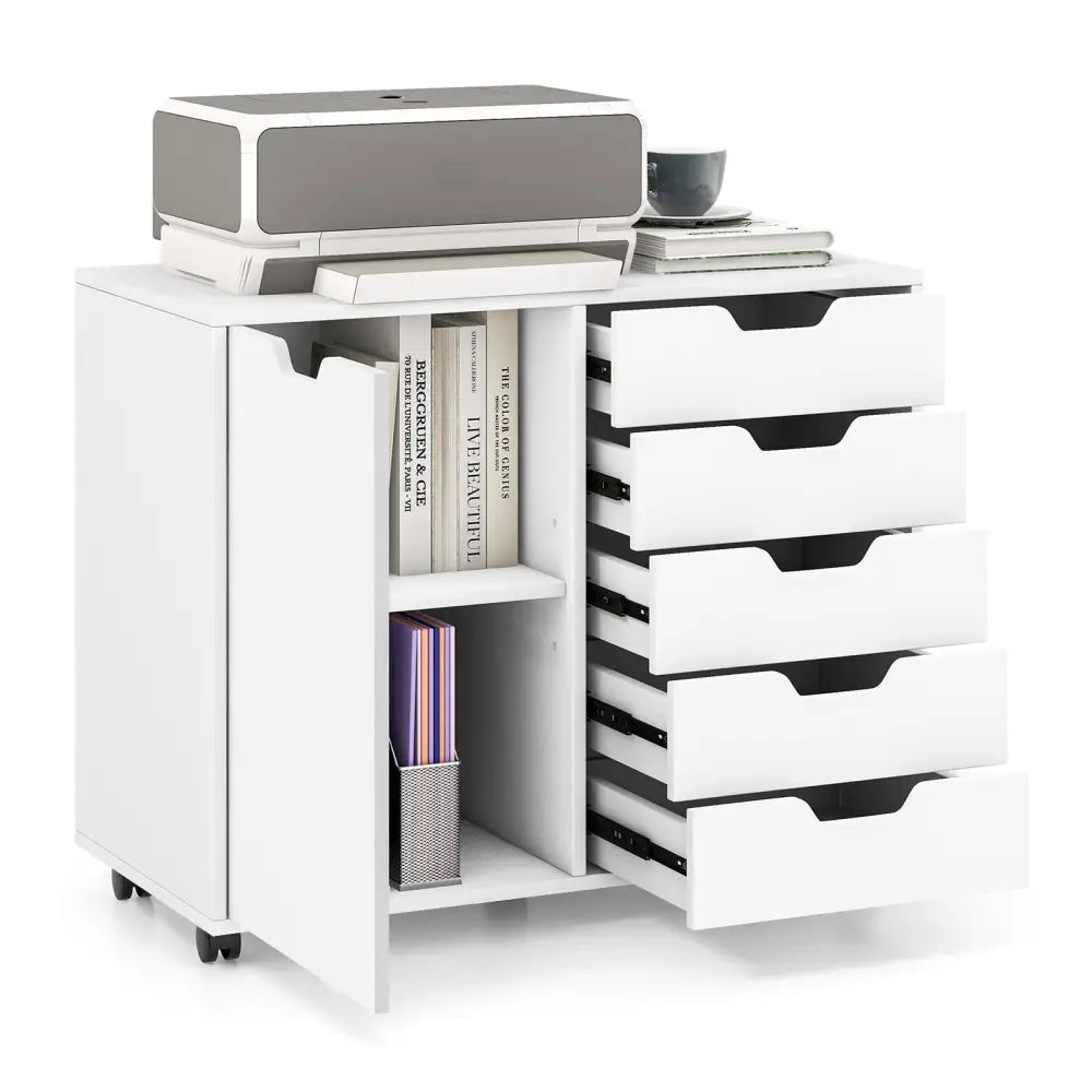 5-Drawer Dresser Chest Mobile Storage Cabinet with Door-White - White - File Cabinets