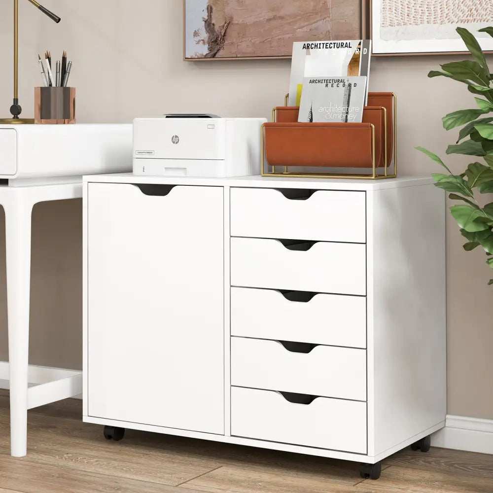 5-Drawer Dresser Chest Mobile Storage Cabinet with Door-White - White - File Cabinets