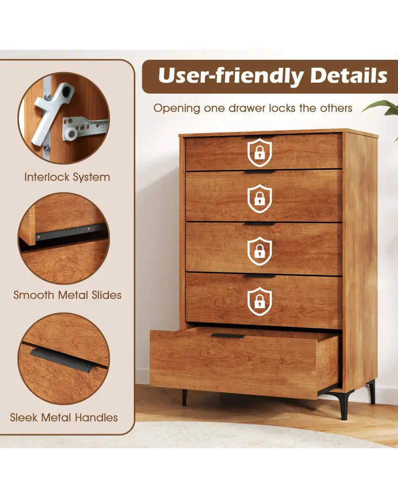 5-Drawer Dresser with Interlock System for Bedroom Living Room-Cherry - Cherry - Dressers & Chests