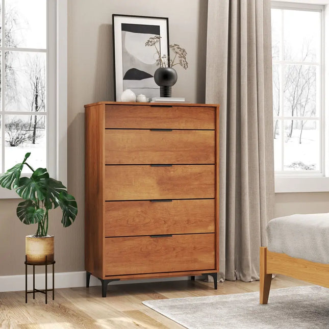 5-Drawer Dresser with Interlock System for Bedroom Living Room-Cherry Costway
