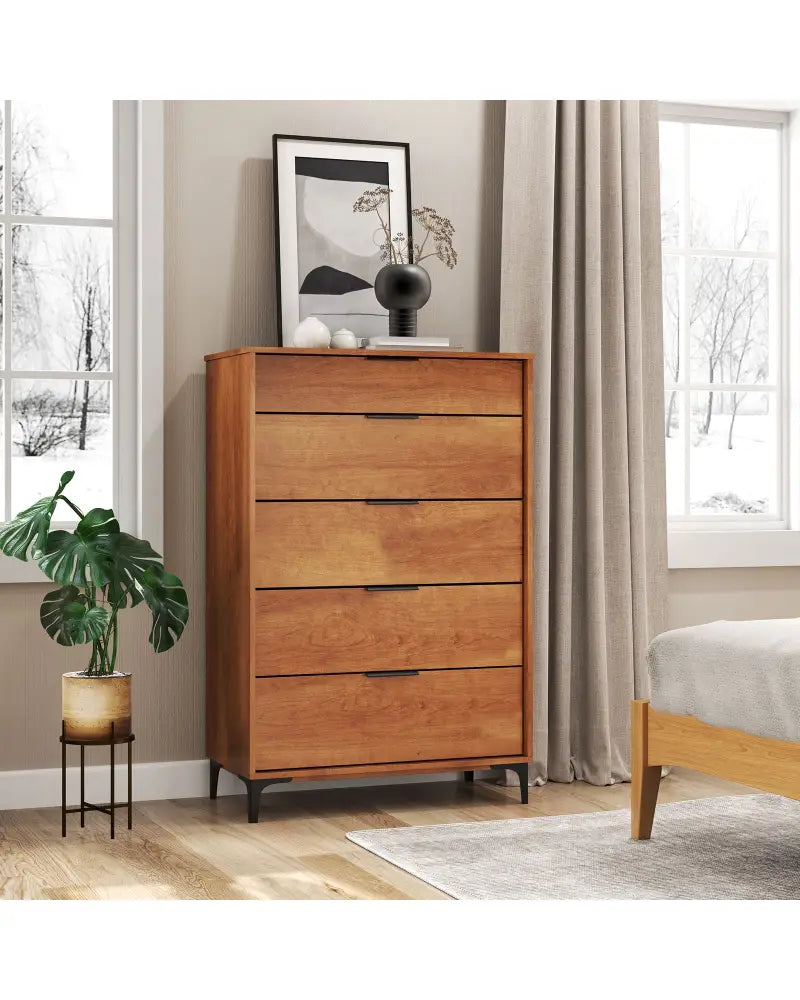 5-Drawer Dresser with Interlock System for Bedroom Living Room-Cherry - Cherry - Dressers & Chests