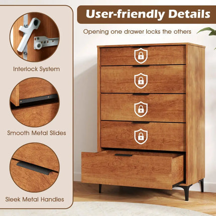 5-Drawer Dresser with Interlock System for Bedroom Living Room-Cherry Costway