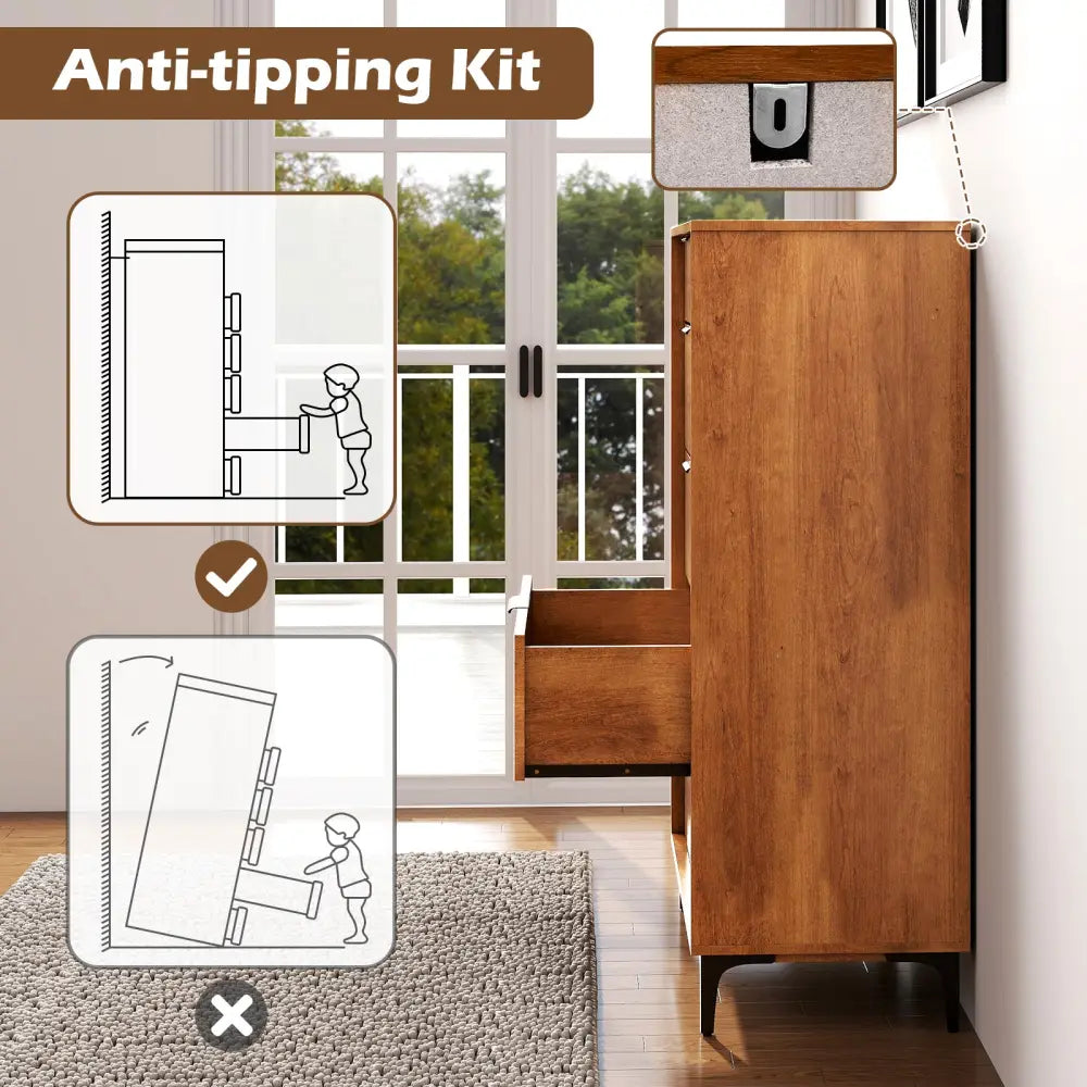 5-Drawer Dresser with Interlock System for Bedroom Living Room-Cherry - Cherry - Dressers & Chests