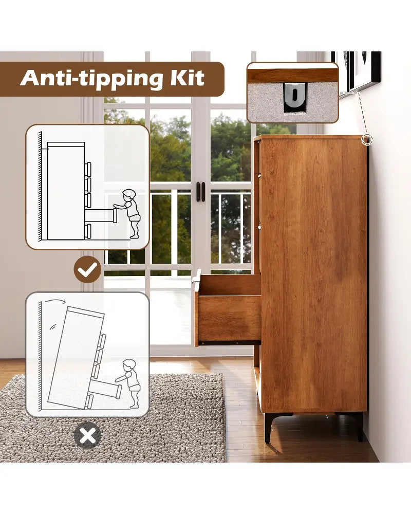 5-Drawer Dresser with Interlock System for Bedroom Living Room-Cherry - Cherry - Dressers & Chests