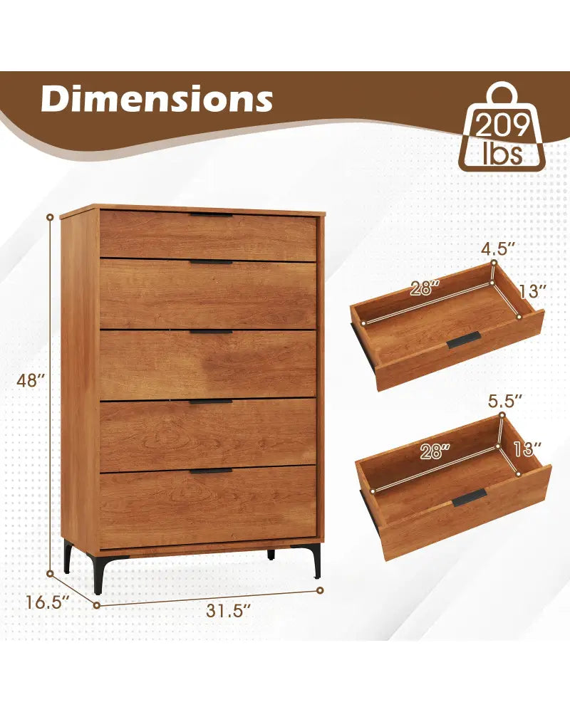 5-Drawer Dresser with Interlock System for Bedroom Living Room-Cherry - Cherry - Dressers & Chests
