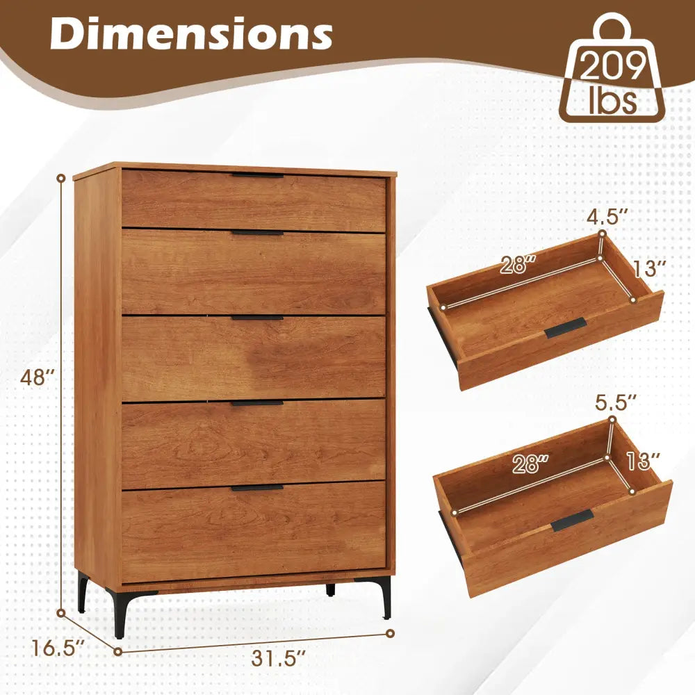 5-Drawer Dresser with Interlock System for Bedroom Living Room-Cherry - Cherry - Dressers & Chests