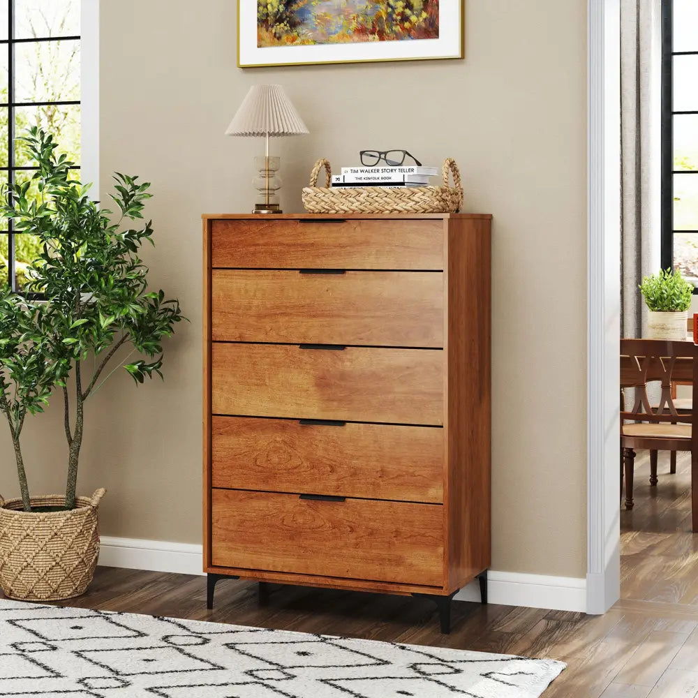 5-Drawer Dresser with Interlock System for Bedroom Living Room-Cherry - Cherry - Dressers & Chests