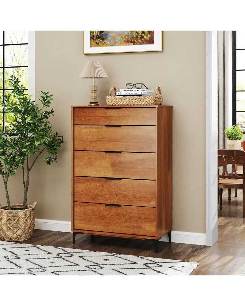 5-Drawer Dresser with Interlock System for Bedroom Living Room-Cherry - Cherry - Dressers & Chests