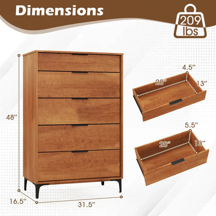5-Drawer Dresser with Interlock System for Bedroom Living Room-Cherry Costway