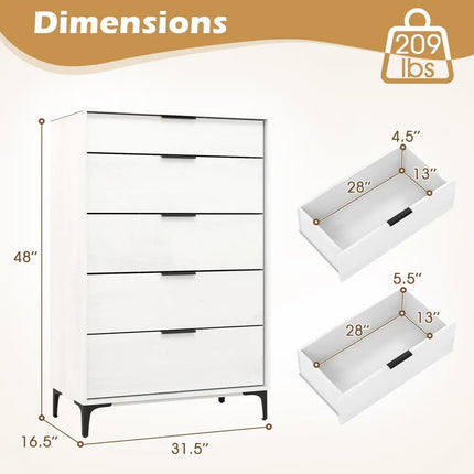 5-Drawer Dresser with Interlock System for Bedroom Living Room-White Costway