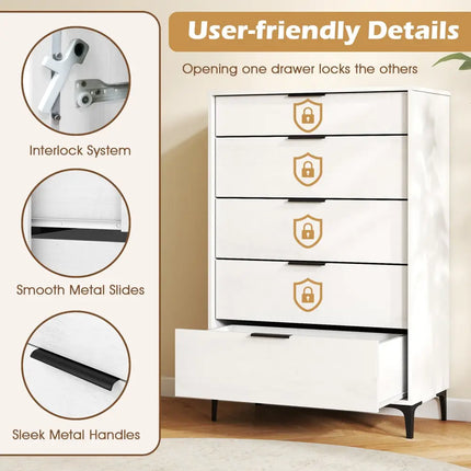 5-Drawer Dresser with Interlock System for Bedroom Living Room-White Costway