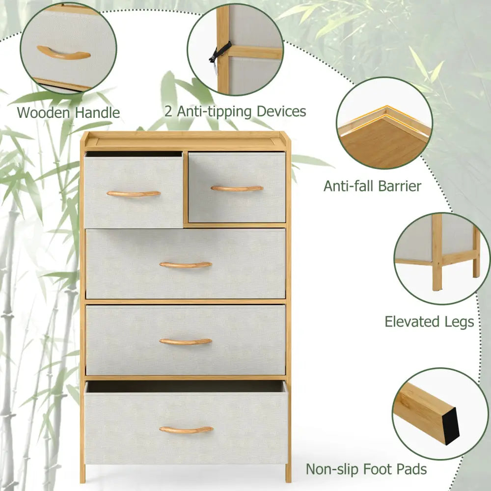 5-Drawer Dresser with Top Shelf for Bedroom-Natural - Natural - Dressers & Chests