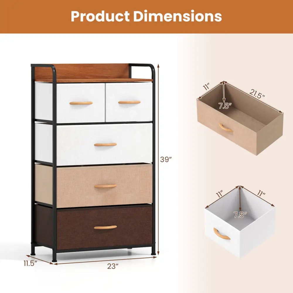 5-Drawer Fabric Dresser with Removable Fabric Bins-Multicolor - Multicolor - Dressers & Chests