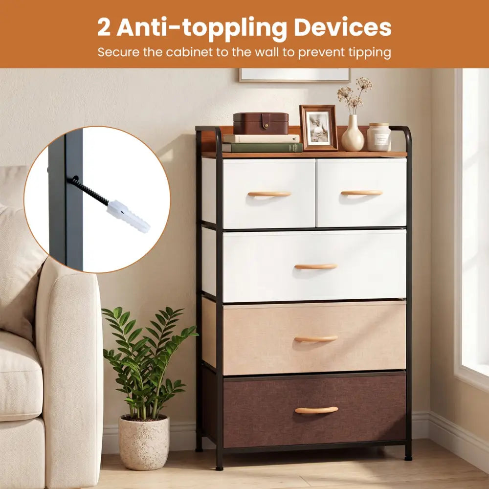 5-Drawer Fabric Dresser with Removable Fabric Bins-Multicolor - Multicolor - Dressers & Chests