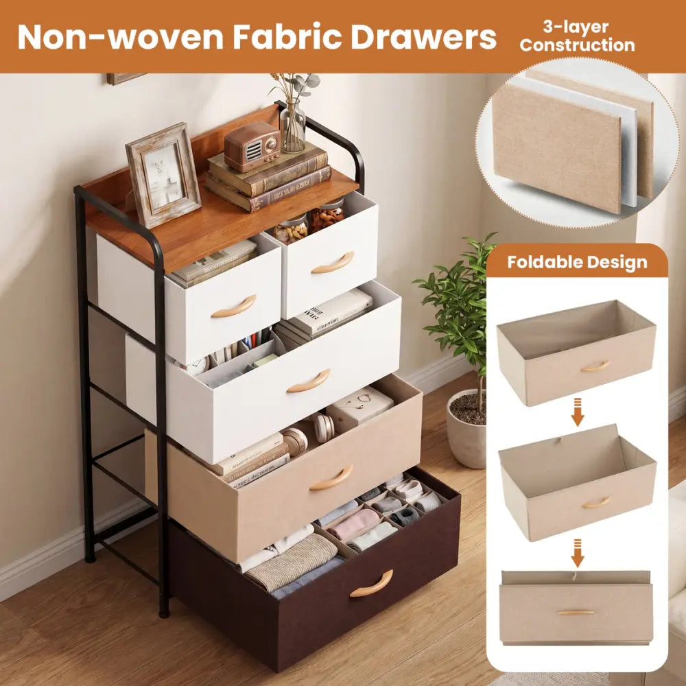 5-Drawer Fabric Dresser with Removable Fabric Bins-Multicolor - Multicolor - Dressers & Chests
