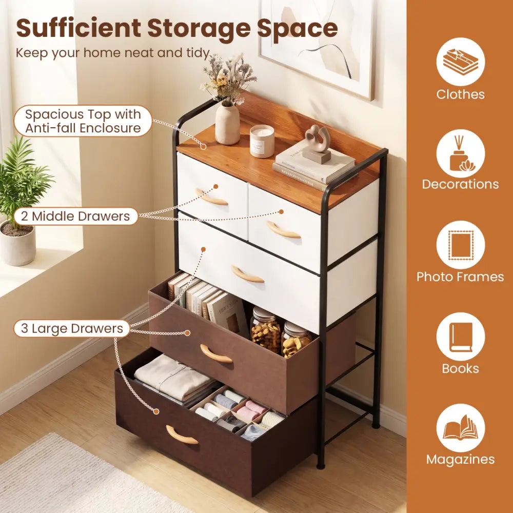 5-Drawer Fabric Dresser with Removable Fabric Bins-Multicolor - Multicolor - Dressers & Chests