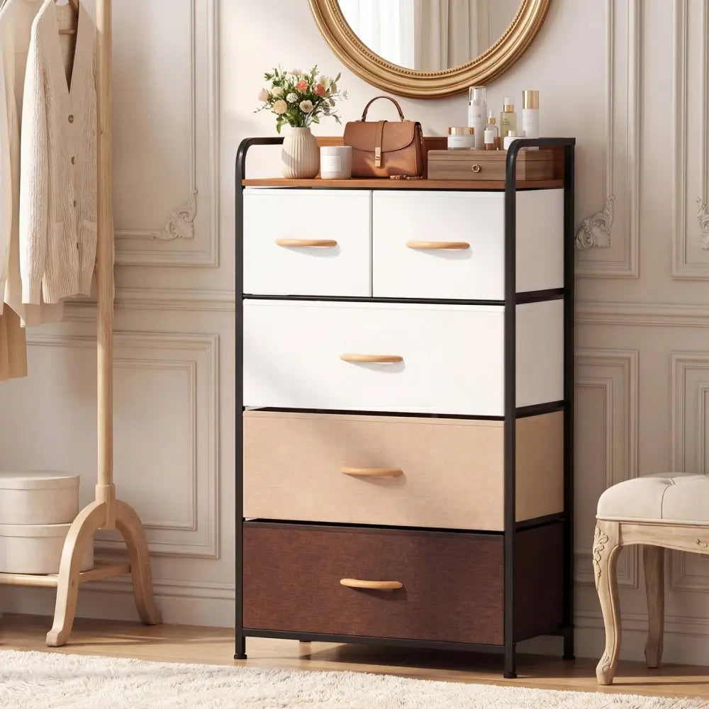 5-Drawer Fabric Dresser with Removable Fabric Bins-Multicolor - Multicolor - Dressers & Chests