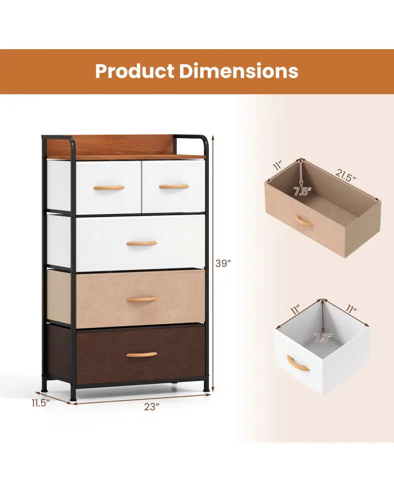 5-Drawer Fabric Dresser with Removable Fabric Bins-Multicolor - Multicolor - Dressers & Chests