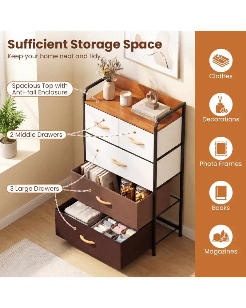 5-Drawer Fabric Dresser with Removable Fabric Bins-Multicolor - Multicolor - Dressers & Chests