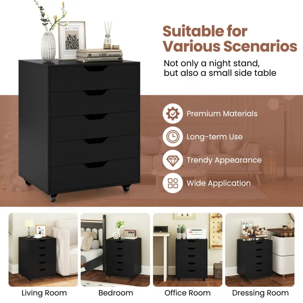 5 Drawer Mobile File Cabinet with Wheels for Living Room-Black - Black - File Cabinets