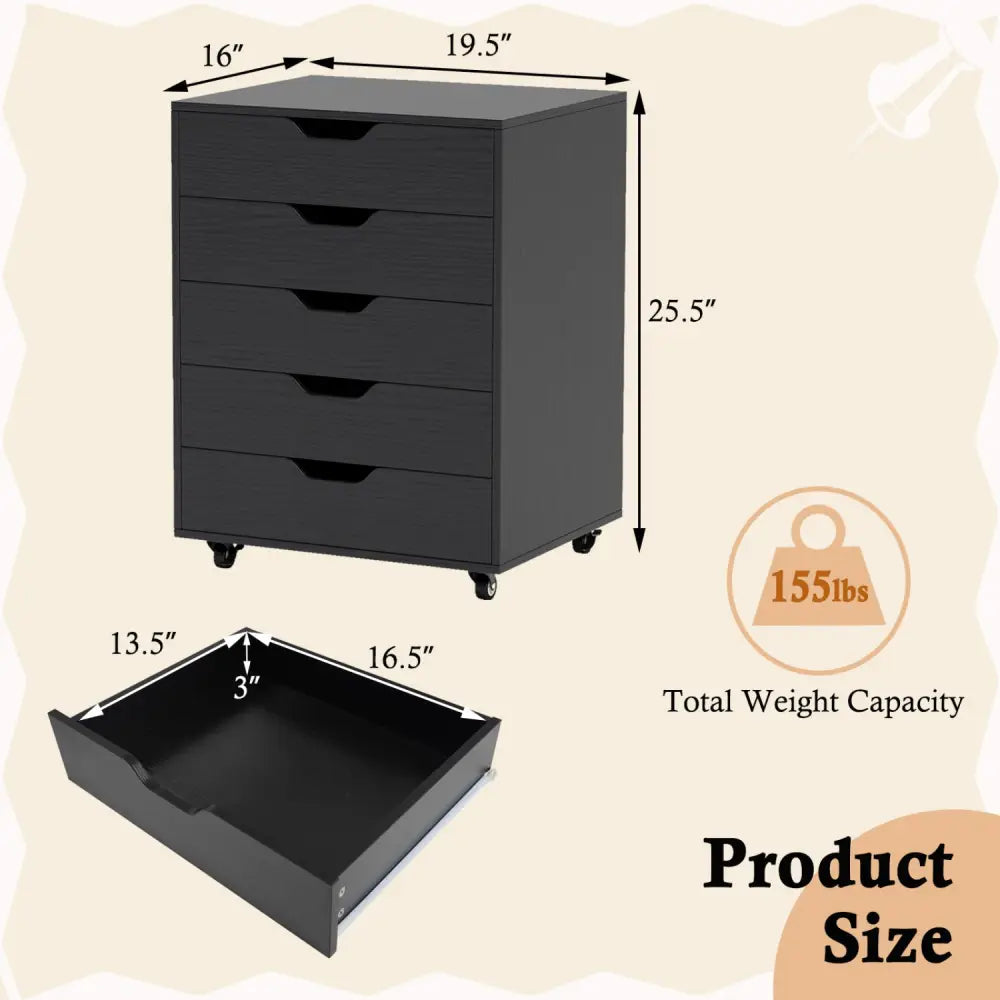 5 Drawer Mobile File Cabinet with Wheels for Living Room-Black - Black - File Cabinets