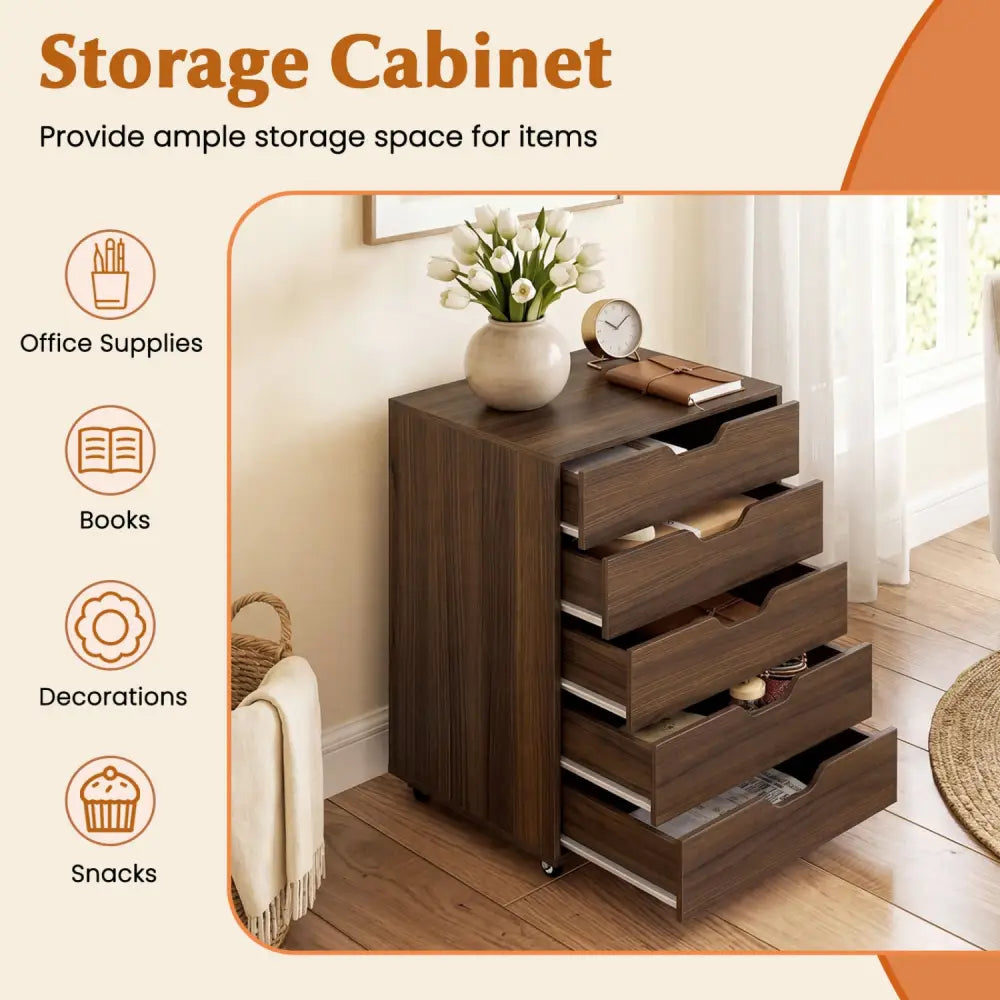 5 Drawer Mobile File Cabinet with Wheels for Living Room-Walnut - Walnut - File Cabinets