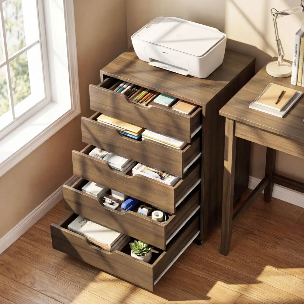 5 Drawer Mobile File Cabinet with Wheels for Living Room-Walnut - Walnut - File Cabinets