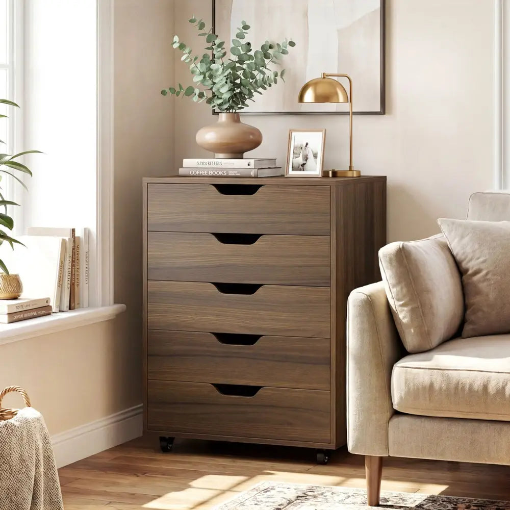 5 Drawer Mobile File Cabinet with Wheels for Living Room-Walnut - Walnut - File Cabinets
