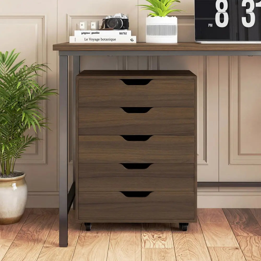 5 Drawer Mobile File Cabinet with Wheels for Living Room-Walnut - Walnut - File Cabinets